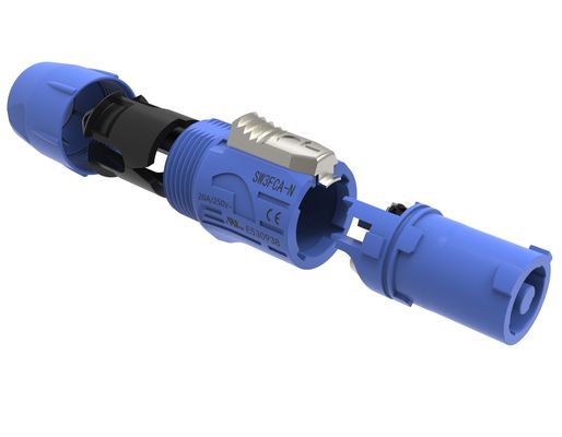 Ενδοσωματική χρήση IP44 Triple Core Male Powercon Connector 3 Pin Audio Video Input Port Κλειδωτή πρίζα 20A 250V AC μπλε